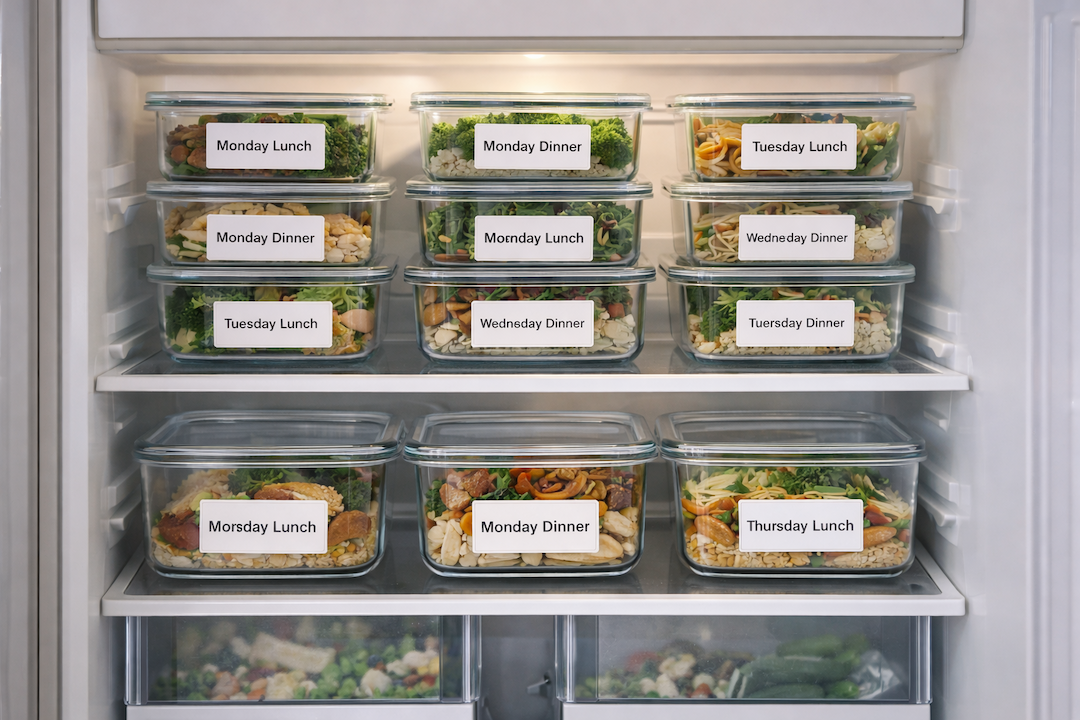A refrigerator stocked with prepared meals