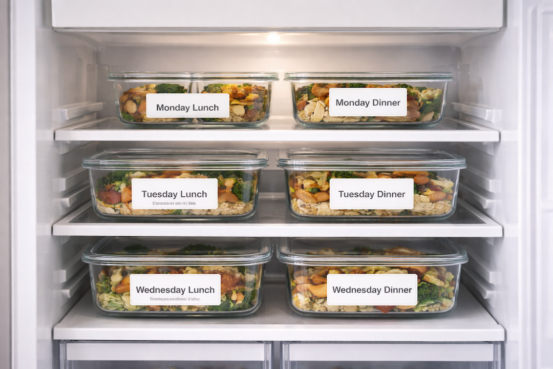 Prepared meals stored in glass containers