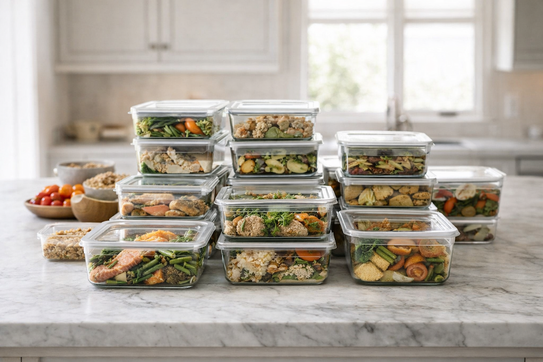 Multiple glass containers filled with weekly meals
