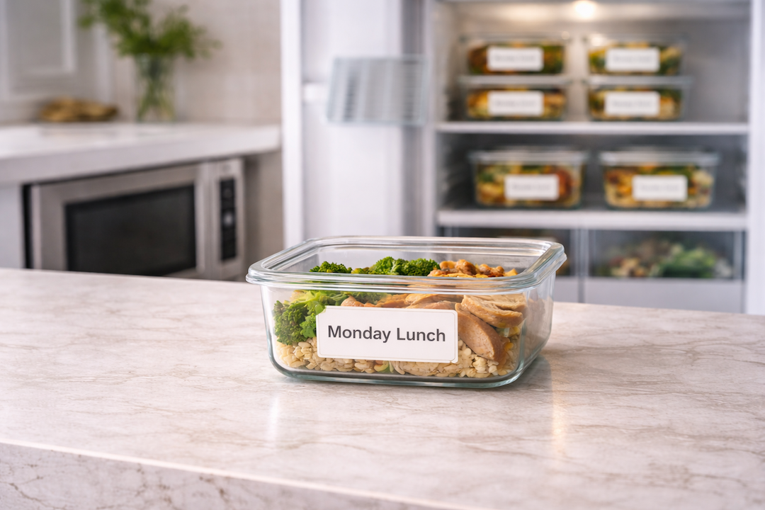 A glass container with a prepared meal